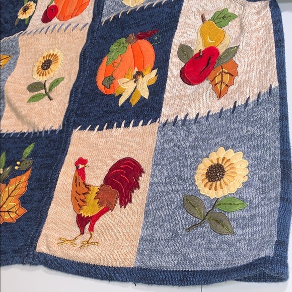 Vintage Fall Autumn Thanksgiving Blue Patchwork Embroidered Knit Zip Sweater 1X - Picture 12 of 16
